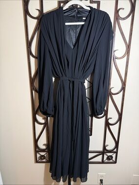 Alex Marie Black Long Sleeve Midi Dress with Waist Tie
